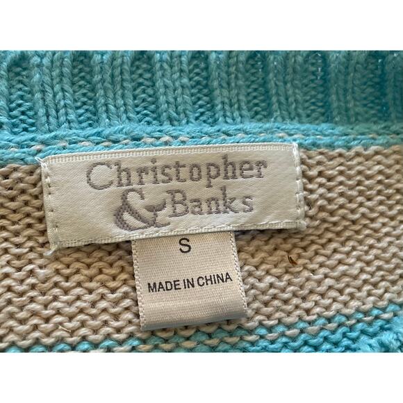 Christopher & Banks Blue, Beige Ramie/Cotton Crewneck Sweater Heart Stripes S - Picture 6 of 11